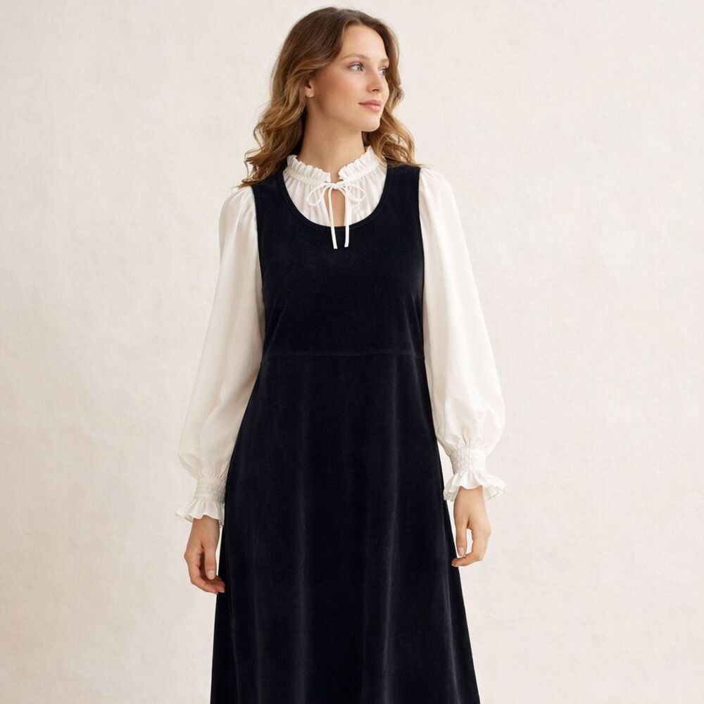 VTG LL Bean Velvet Jumper Womens Sz L Black 90s Midi Empire Waist Dress Preppy